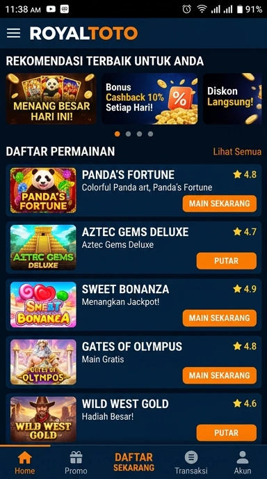 Tampilan katalog aplikasi royaltoto